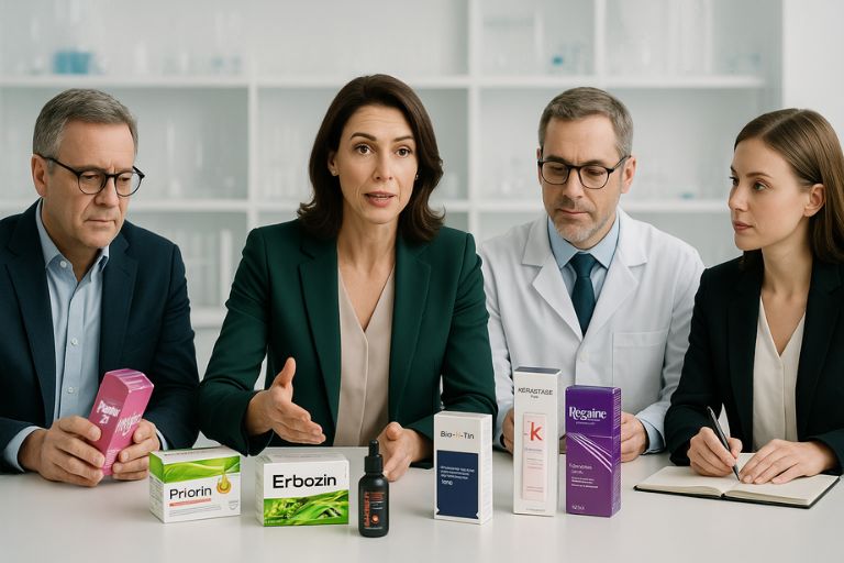 Das Expertenteam bei der Begutachtung der Testprodukte gegen Haarausfall.