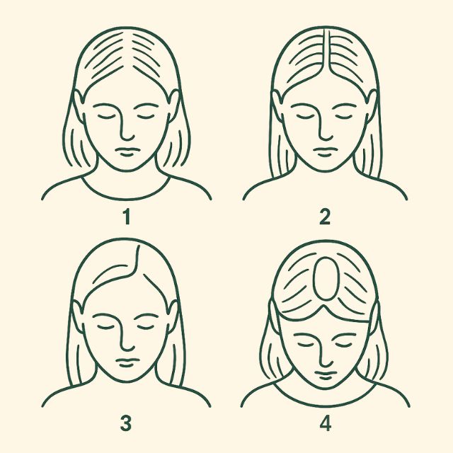 Vier schematische Darstellungen von Mustern des Haarausfalls bei Frauen.