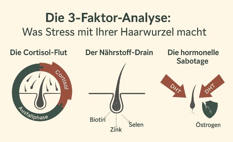 Infografik zur 3-Faktor-Analyse von stressbedingtem Haarausfall: Cortisol-Flut, Nährstoff-Drain, hormonelle Sabotage.