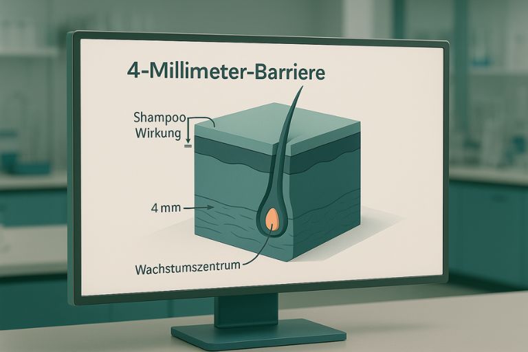 3D-Grafik eines Kopfhaut-Querschnitts, der die begrenzte Eindringtiefe von Shampoo zeigt