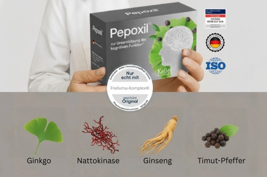 Pepoxil Packshot mit Freiluma Komplex Siegel und Inhaltsstoff-Symbolen (Nattokinase, Timut-Pfeffer, Ginkgo, Ginseng, B-Vitamine, Zink, Jod)