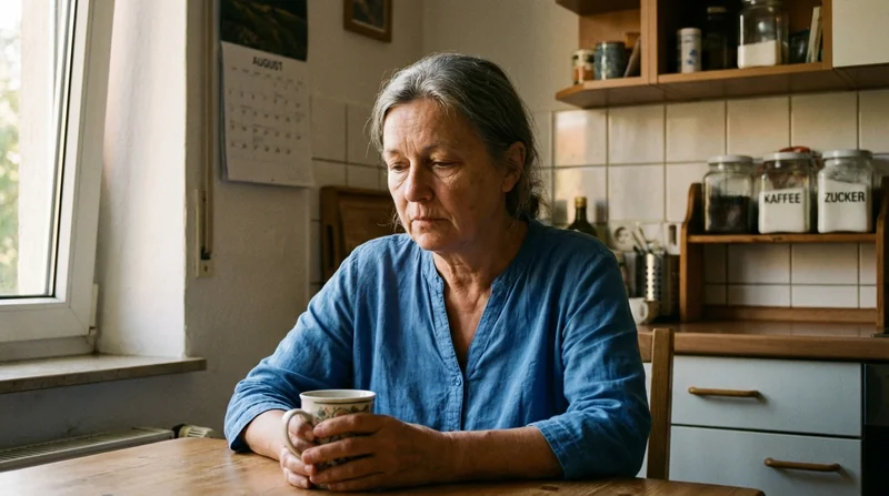 Monika sitzt allein am Küchentisch, müder nachdenklicher Blick