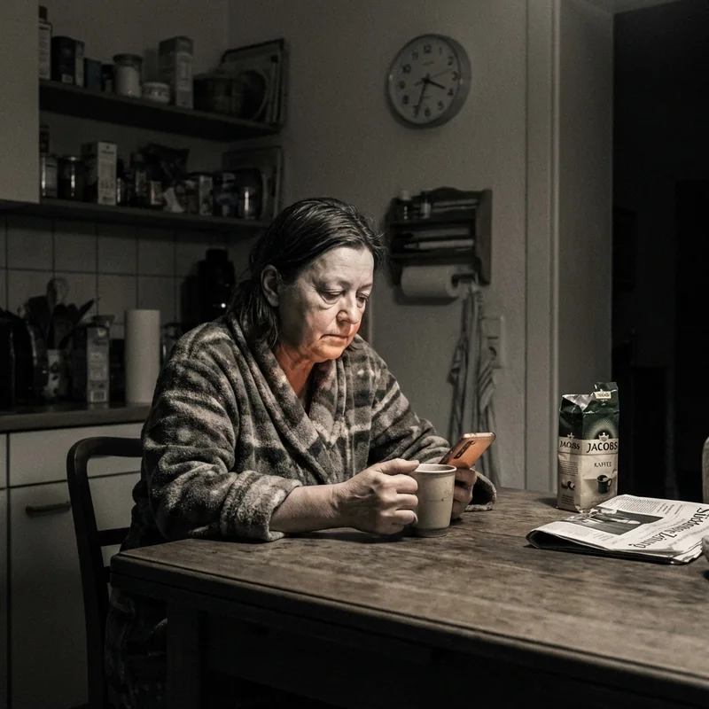 Frau sitzt allein in dunkler Küche, nur Handylicht