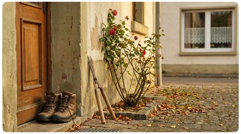 Deutsche Wohnstraße im September — Wanderschuhe an der Tür, Gardine gegenüber