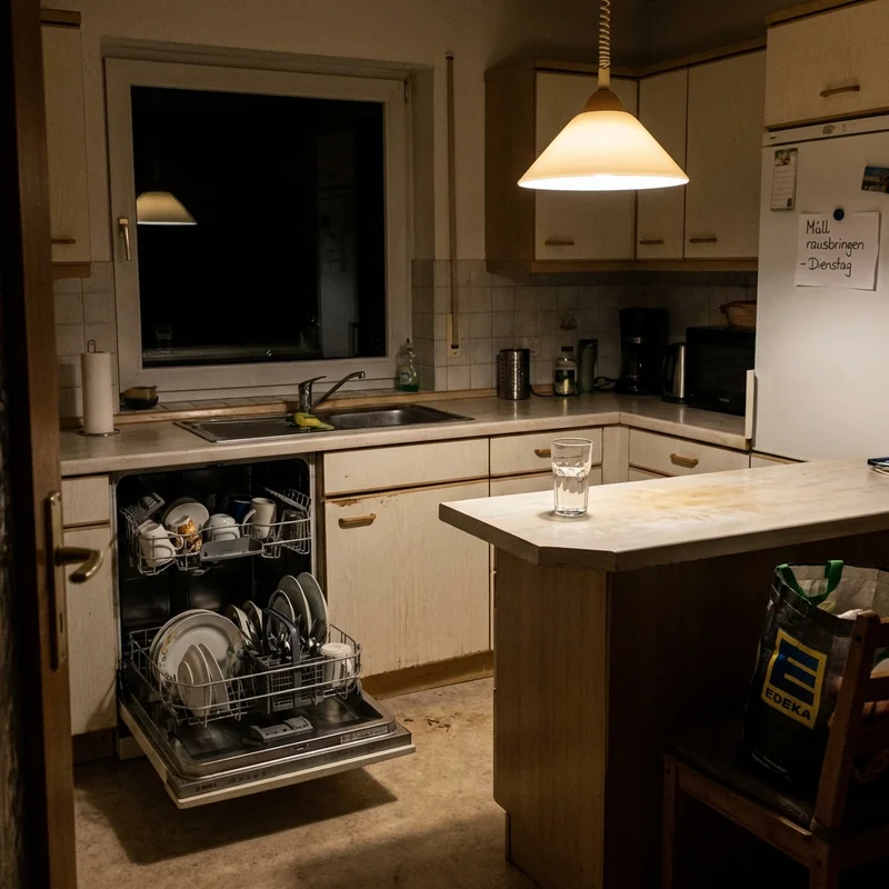 Dunkle Küche bei Nacht, Glas Wasser auf der Arbeitsplatte, offene Spülmaschine