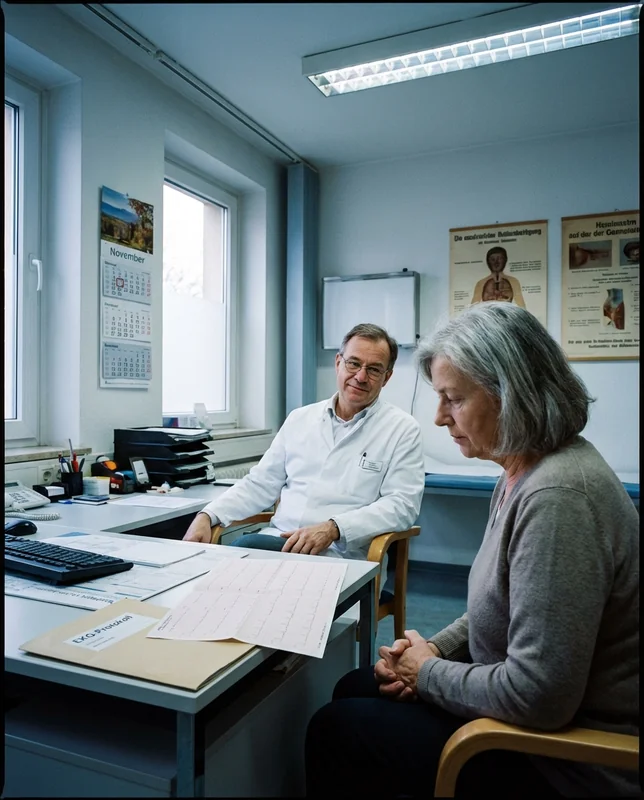 Arztpraxis: Arzt entspannt, Patientin schaut zweifelnd auf den EKG-Ausdruck