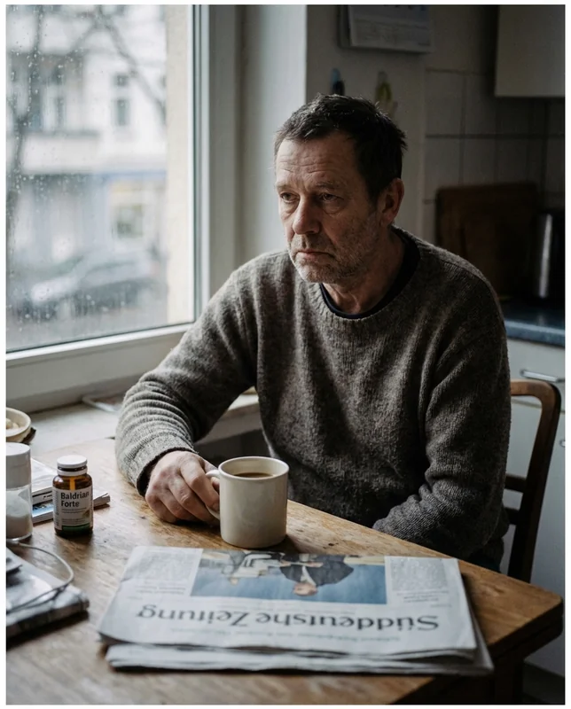 Mann sitzt morgens ged&auml;mpft am K&uuml;chentisch, volle Kaffeetasse, ents&auml;ttigte Farben