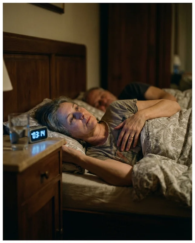 Frau liegt nachts wach auf der rechten Seite, Hand auf der Brust