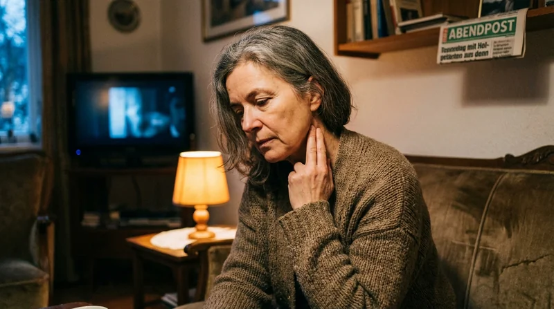 Frau sitzt abends auf der Couch, zwei Finger am Hals – prüft den Puls