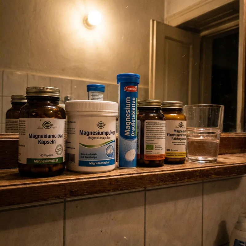 Verschiedene Magnesium-Pr&auml;parate auf einer Badezimmer-Ablage