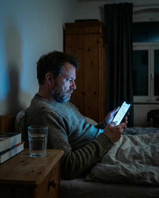 Mann sitzt nachts im Bett, scrollt auf dem Smartphone – blaues Licht im dunklen Zimmer