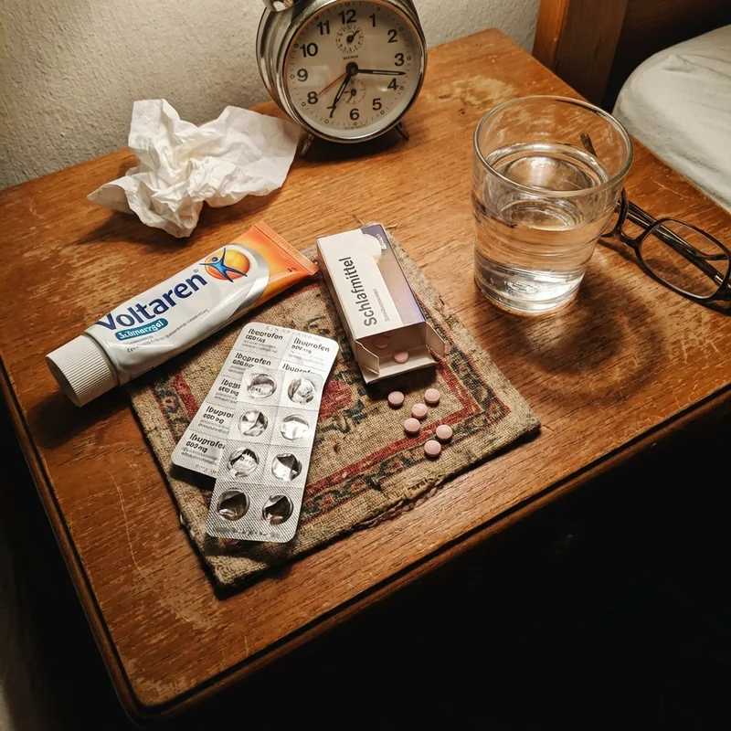 Nachttisch mit Voltaren-Tube, Ibuprofen-Blister, rosa Tabletten, Wasserglas