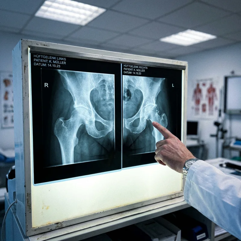 Zwei Hüft-Röntgenbilder auf Lichtkasten — beide zeigen verschmälerten Gelenkspalt