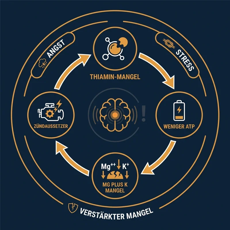 Kreislauf-Infografik: Thiamin-Mangel &rarr; weniger ATP &rarr; Mg+K lecken raus &rarr; Z&uuml;ndaussetzer
