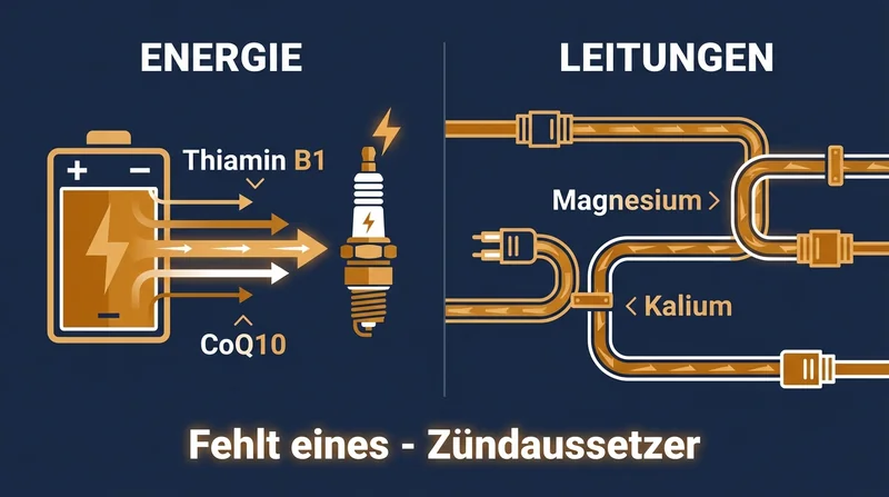 Infografik: Energie (Thiamin + CoQ10) und Leitungen (Magnesium + Kalium) &ndash; fehlt eines, Z&uuml;ndaussetzer