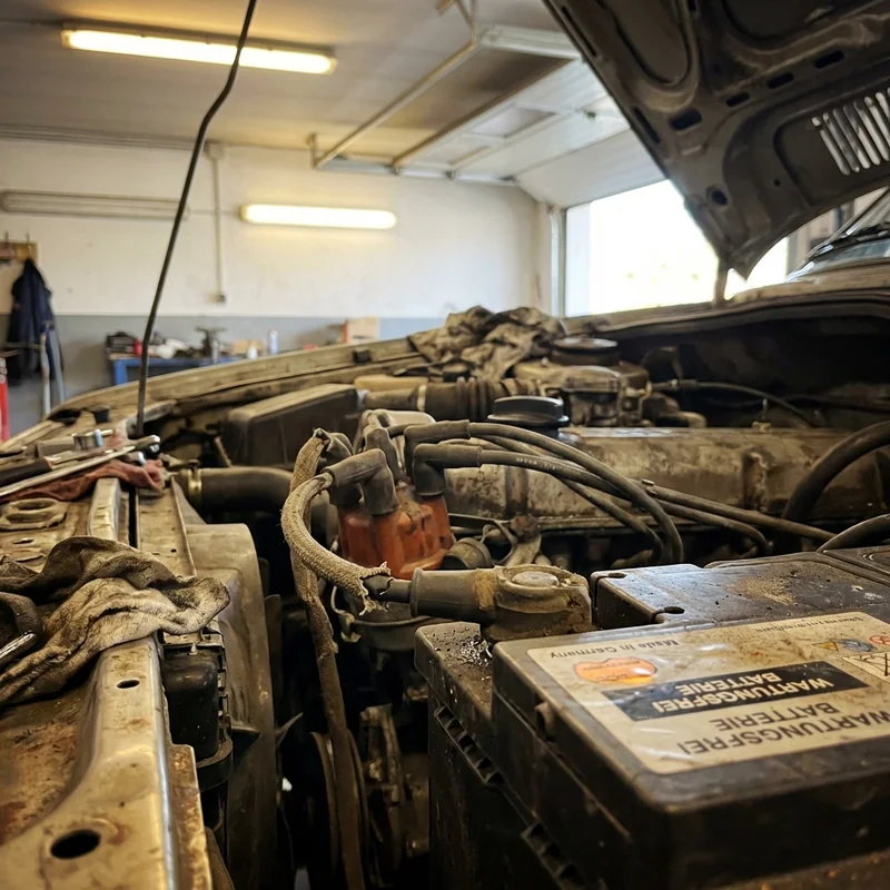 Offene Motorhaube, Fokus auf Z&uuml;ndanlage mit leicht por&ouml;sem Kabel