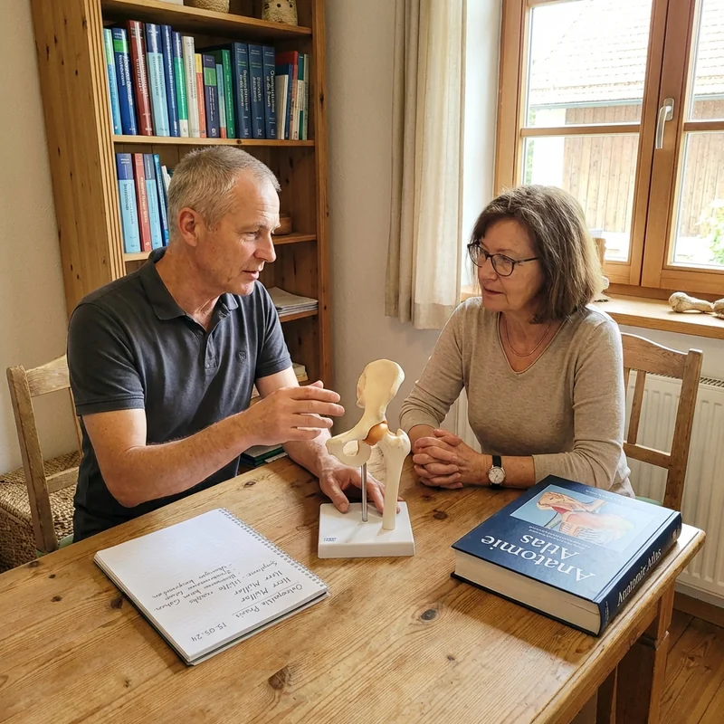 Osteopath Jürgen Brandt in seiner Praxis — warmes Licht, Hüftgelenk-Modell auf dem Schreibtisch