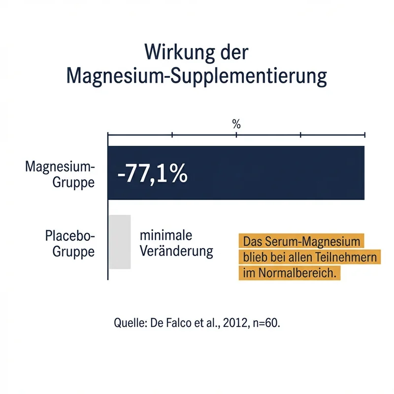 Balkendiagramm: Magnesium-Gruppe &minus;77,1%, Placebo kaum Ver&auml;nderung. De Falco 2012.