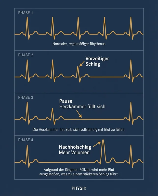Infografik: EKG-Linie zeigt Extrasystole, Pause und st&auml;rkeren Nachholschlag