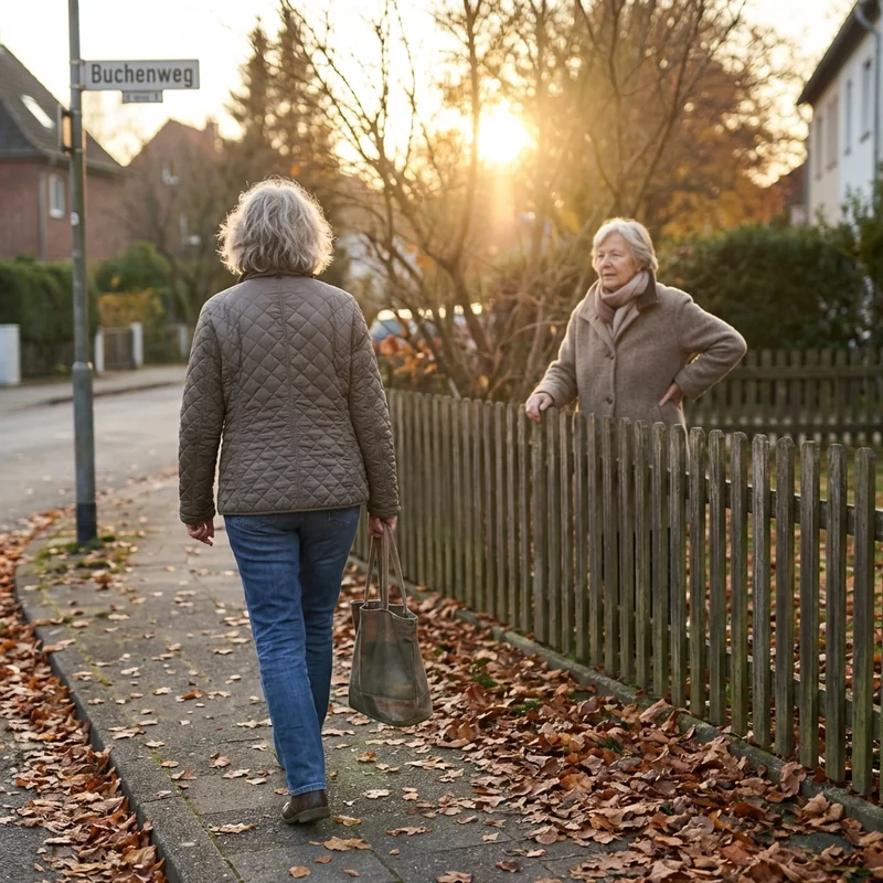 Zwei Frauen am Gartenzaun — eine geht aufrecht, die andere steht, Hand an der Hüfte
