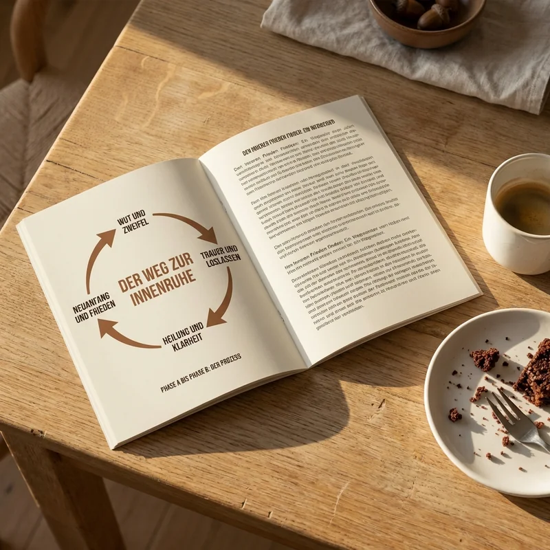 Aufgeschlagene Broschüre mit Kreislauf-Diagramm: Nährstoffmangel, Herzstolpern, Angst, Stress