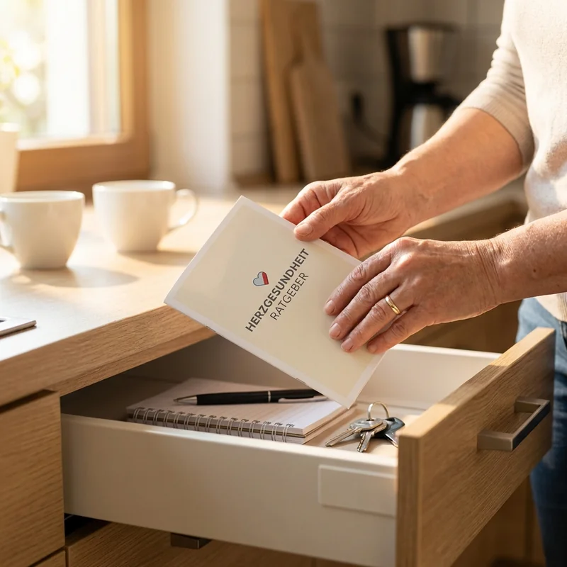 Frauenhände ziehen eine Broschüre aus einer Küchenschublade