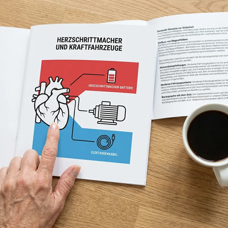 Aufgeschlagene Broschüre mit Infografik: Herz-Motor-Diagramm, rote Batterie-Zone und blaue Leitungs-Zone
