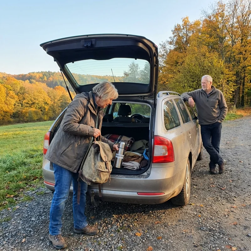Frau packt Rucksack ins Auto, Herbstmorgen, Mann wartet — Normalität zurückerobert
