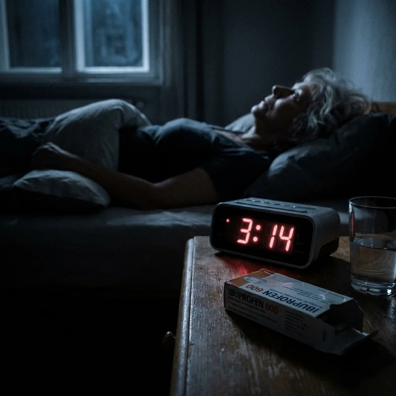 Nachttisch im Dunkeln — Wecker zeigt 3:14, Ibuprofen-Packung daneben