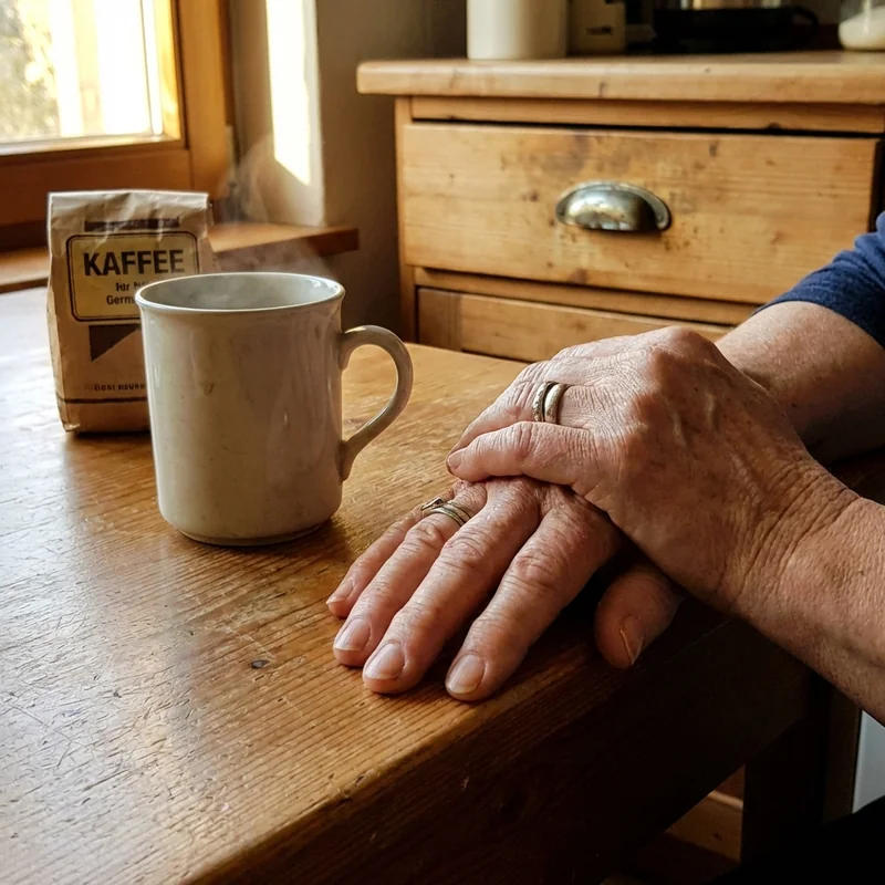 Ruhige Hände auf einem Küchentisch, Kaffeetasse, morgendliches Licht