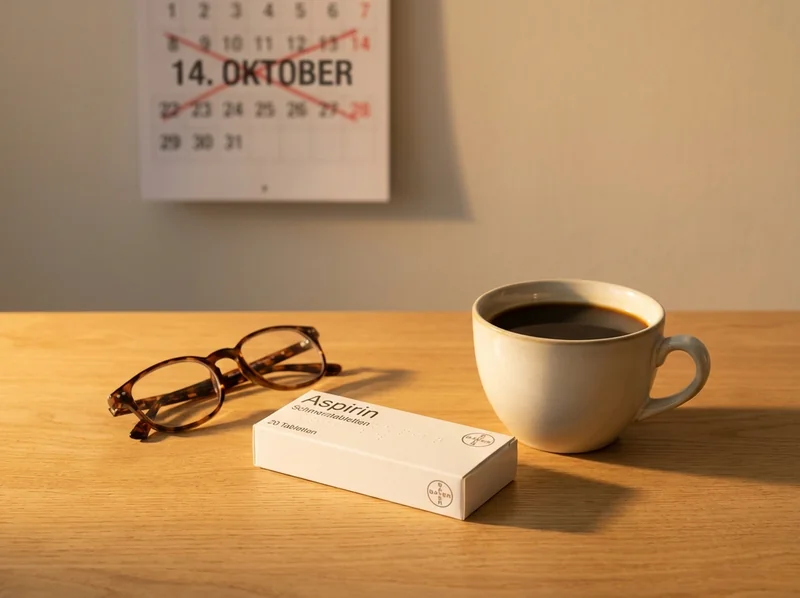 Medikamentenpackung neben unberührter Kaffeetasse auf Küchentisch, Nachmittagslicht