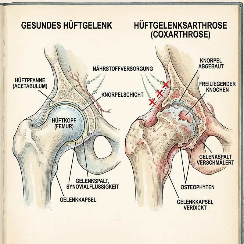 Medizinische Illustration: Gesundes vs. entzündetes Hüftgelenk