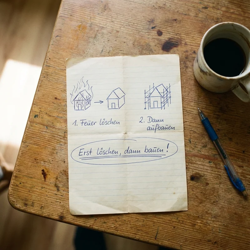Handgeschriebene Notiz: Erst löschen, dann bauen — Feuerwehr und Architekt