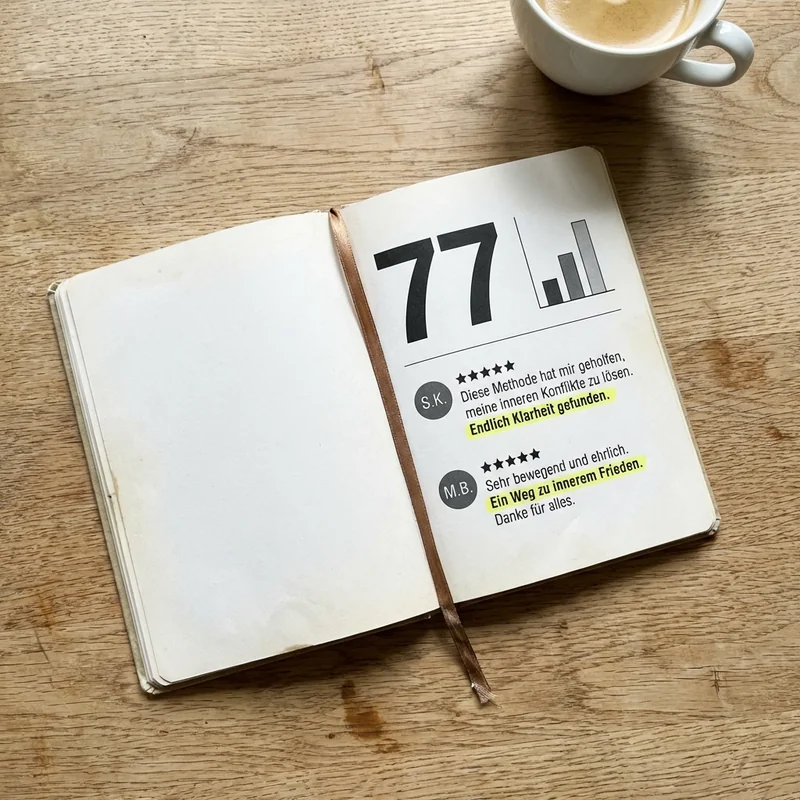 Aufgeschlagene Broschüre: große Zahl 77 mit Balkendiagramm, zwei Erfahrungsberichte mit Sternebewertungen