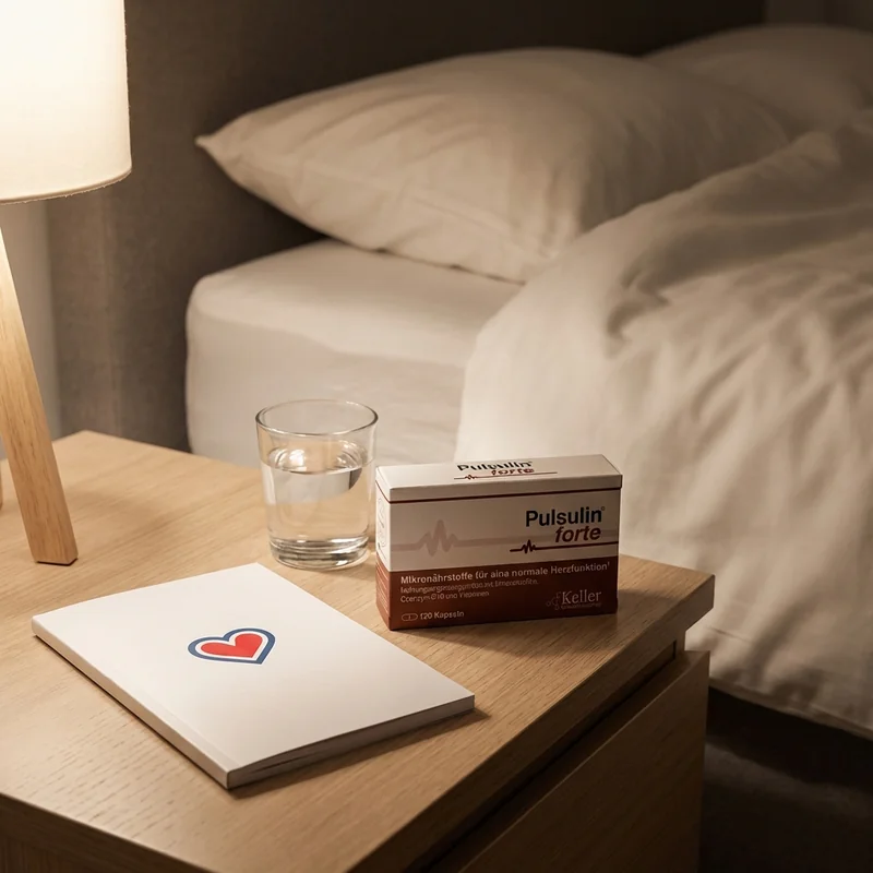 Nachttisch bei Nacht: geschlossene Broschüre, Glas Wasser, Pulsulin-Dose, ruhiges Bett im Hintergrund