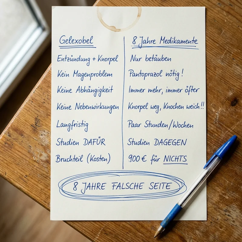 Handgeschriebene Vergleichsliste: Gelexobel vs. 8 Jahre Medikamente