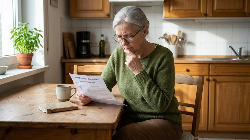 Frau sitzt nachdenklich am Küchentisch mit einem Rezept vor sich