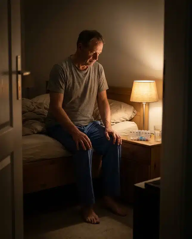 Mann sitzt nachts auf der Bettkante und blickt auf seine F&uuml;&szlig;e