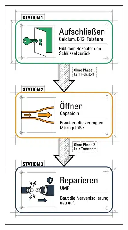 3-Phasen-System: Aufschließen → Öffnen → Reparieren