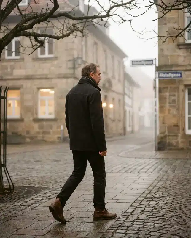 Mann Anfang 60 geht sicher über gepflasterten Gehweg — Winterlicht
