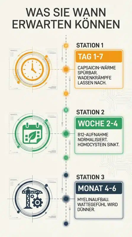 Zeitachse: Was Sie wann erwarten können — Tag 1 bis Monat 4+