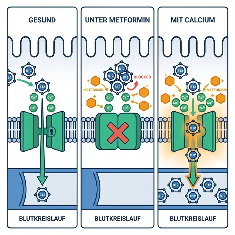 Infografik: Tür-Schlüssel-Mechanismus — Metformin verdrängt Calcium am Cubilin-Rezeptor