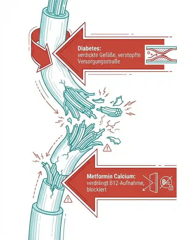 Infografik: Nerven werden von zwei Seiten angegriffen — Metformin-Blockade und verengte Gefäße
