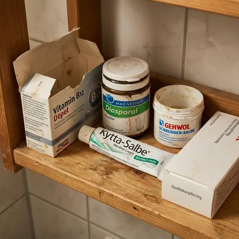 Badezimmerregal mit angebrochenen Vitaminpackungen, Salben und Cremes