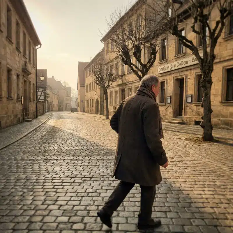 Mann geht sicher auf Kopfsteinpflaster