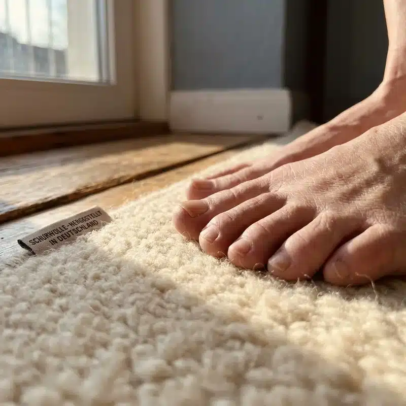 Nahaufnahme von nackten Zehen auf weichem Teppich — Morgenlicht fällt golden ein