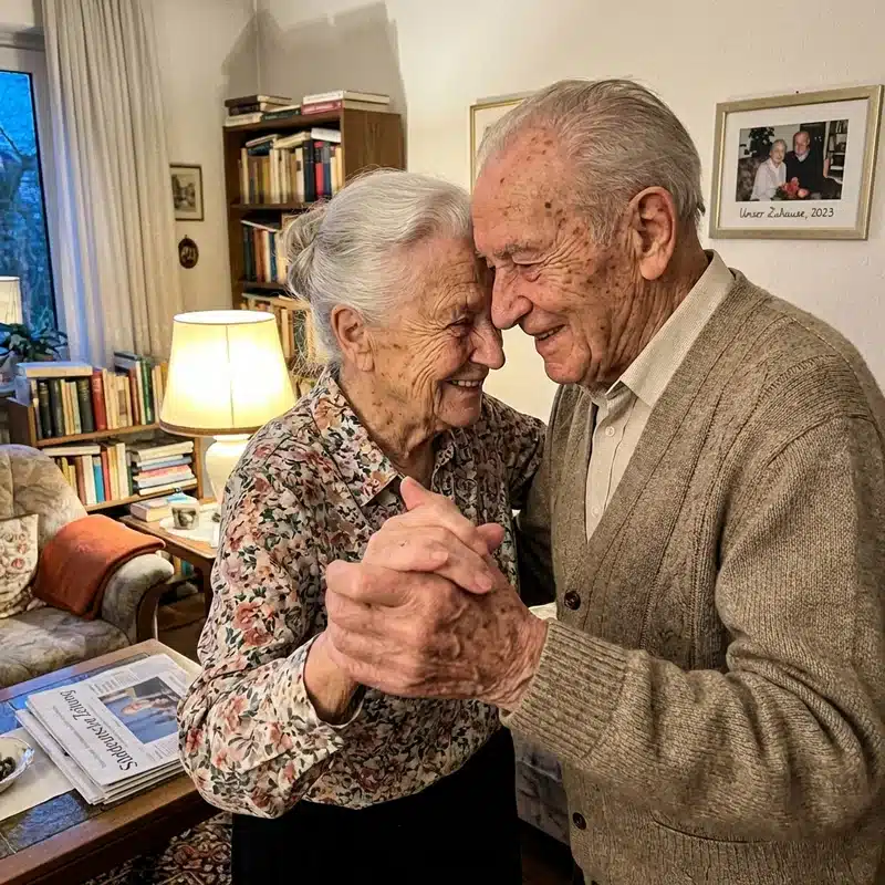 Gerda und ihr Mann tanzen Walzer im Wohnzimmer, Abendlicht, B&uuml;cherregale
