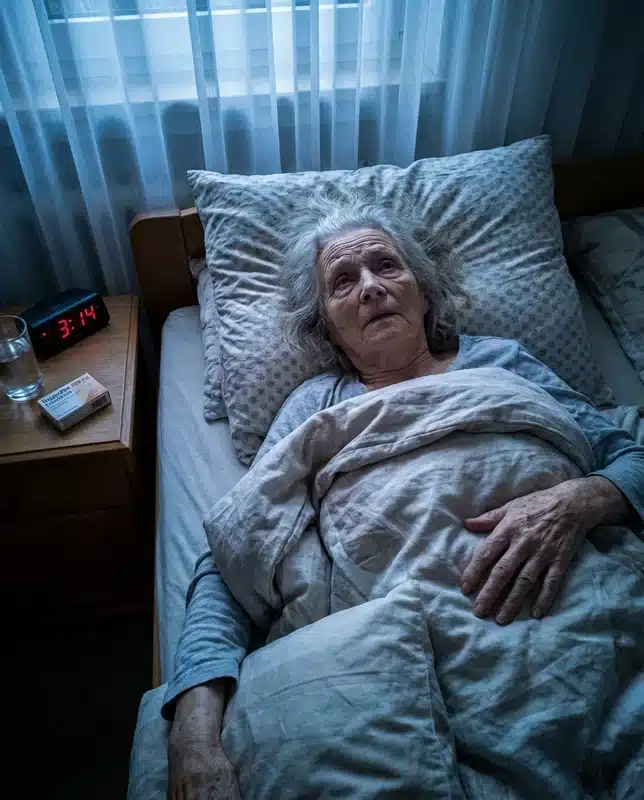 Zerw&uuml;hltes Bett, Kissen zwischen den Knien, Wecker zeigt 3:14 Uhr