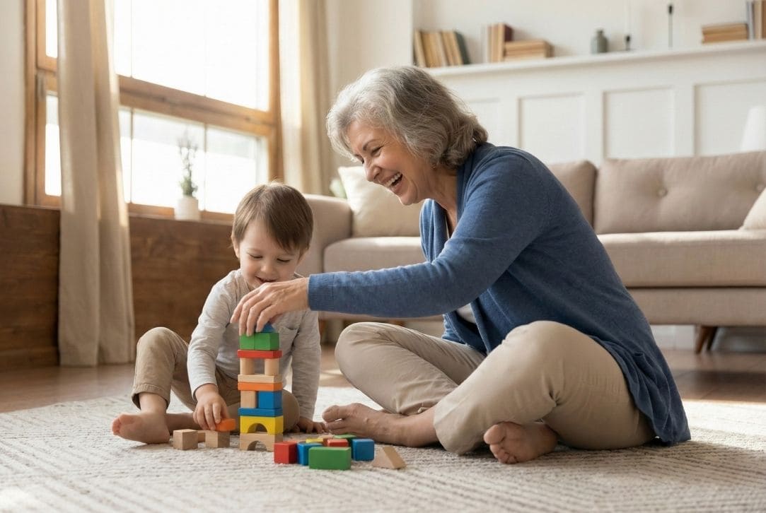 Großmutter spielt mit Enkelin auf dem Boden