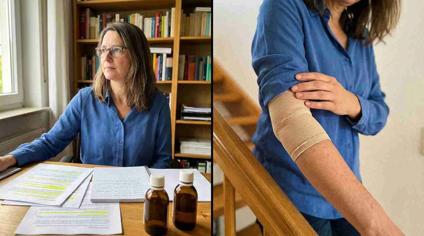 Carola Steinberg am Schreibtisch mit verschiedenen Produkten